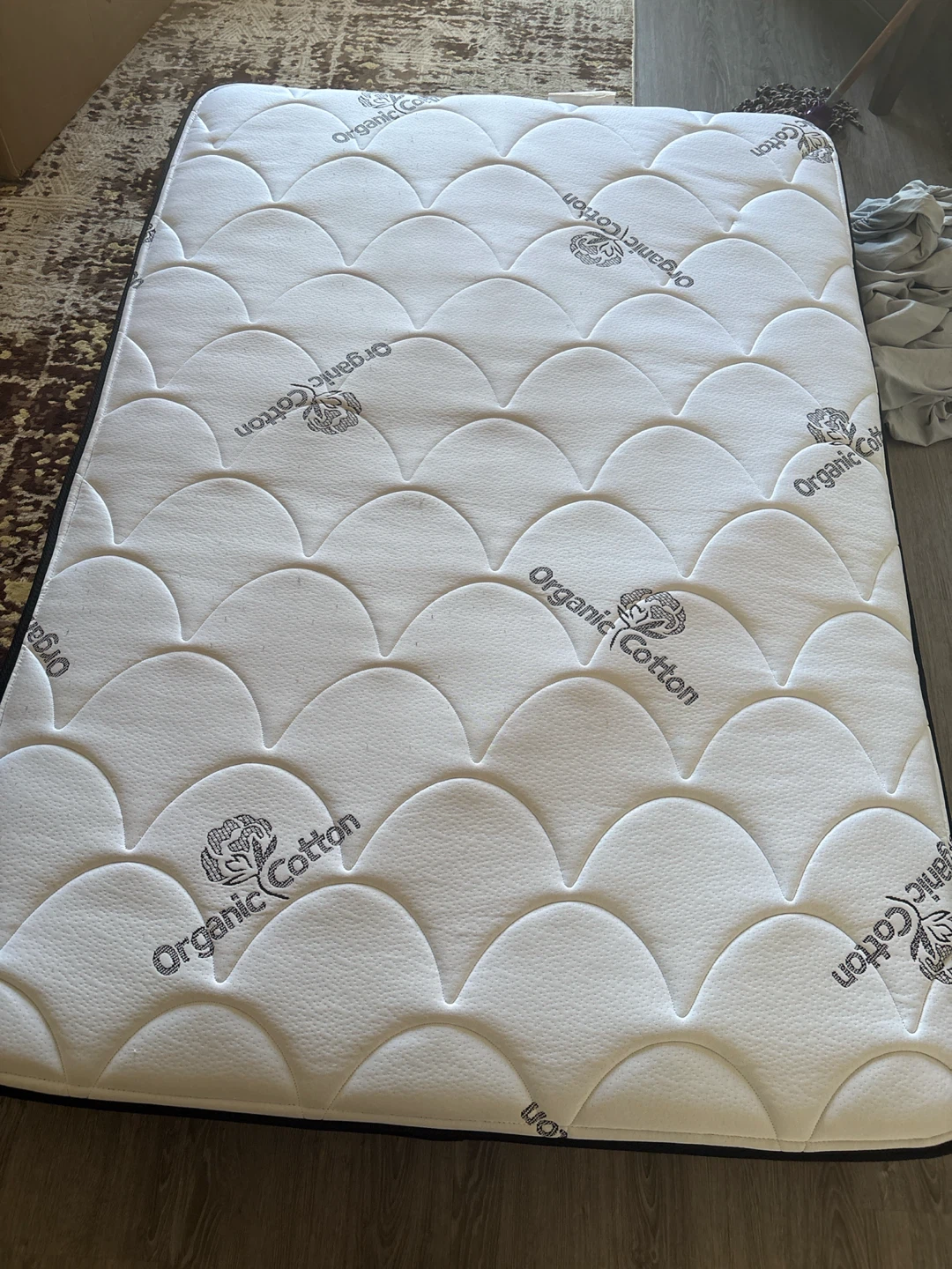 Blue Upholstered Bed Frame with Organic Cotton Mattress
