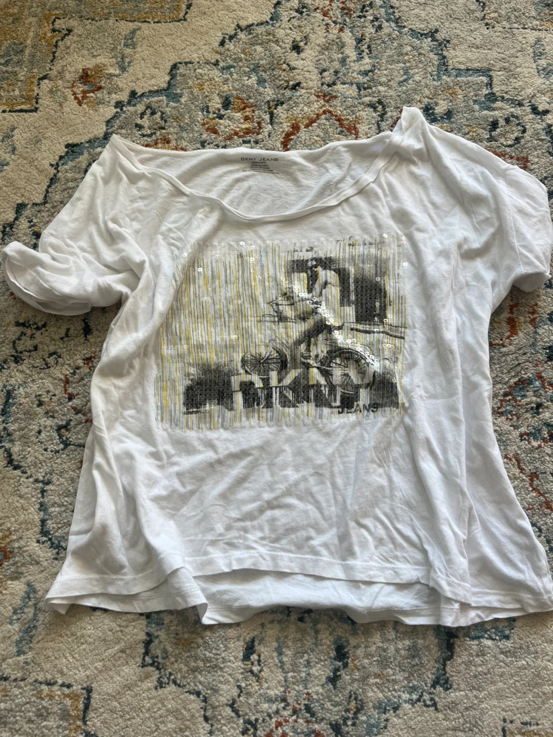 Off the shoulder baggy shirt with vintage sequin design