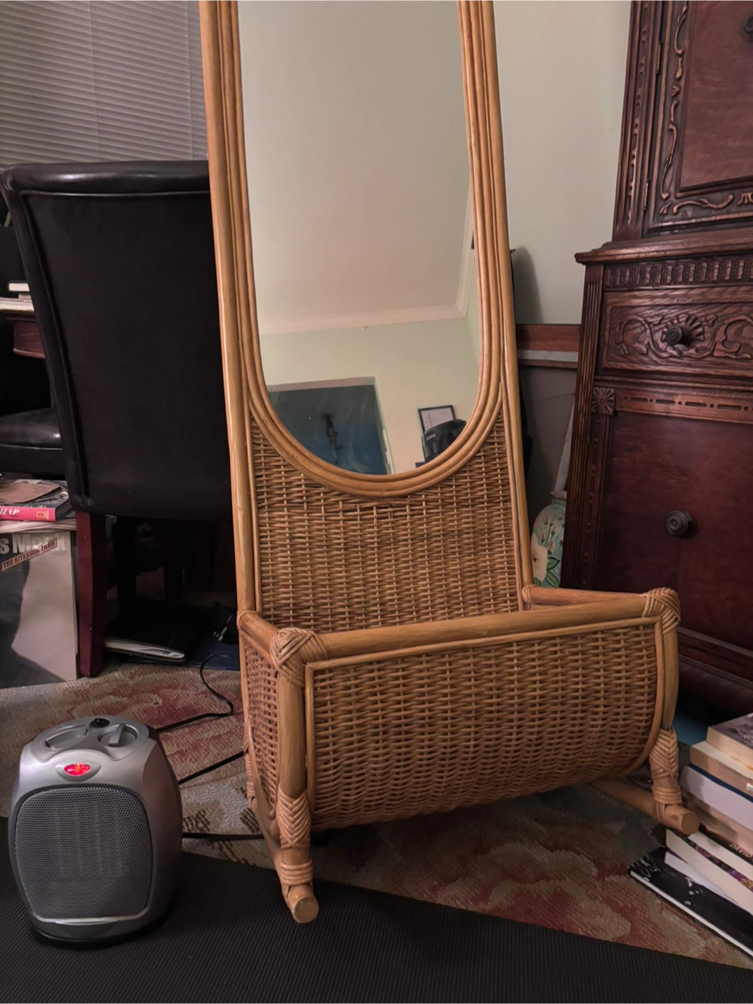 Vintage Wicker Rattan Mirror with Storage Basket