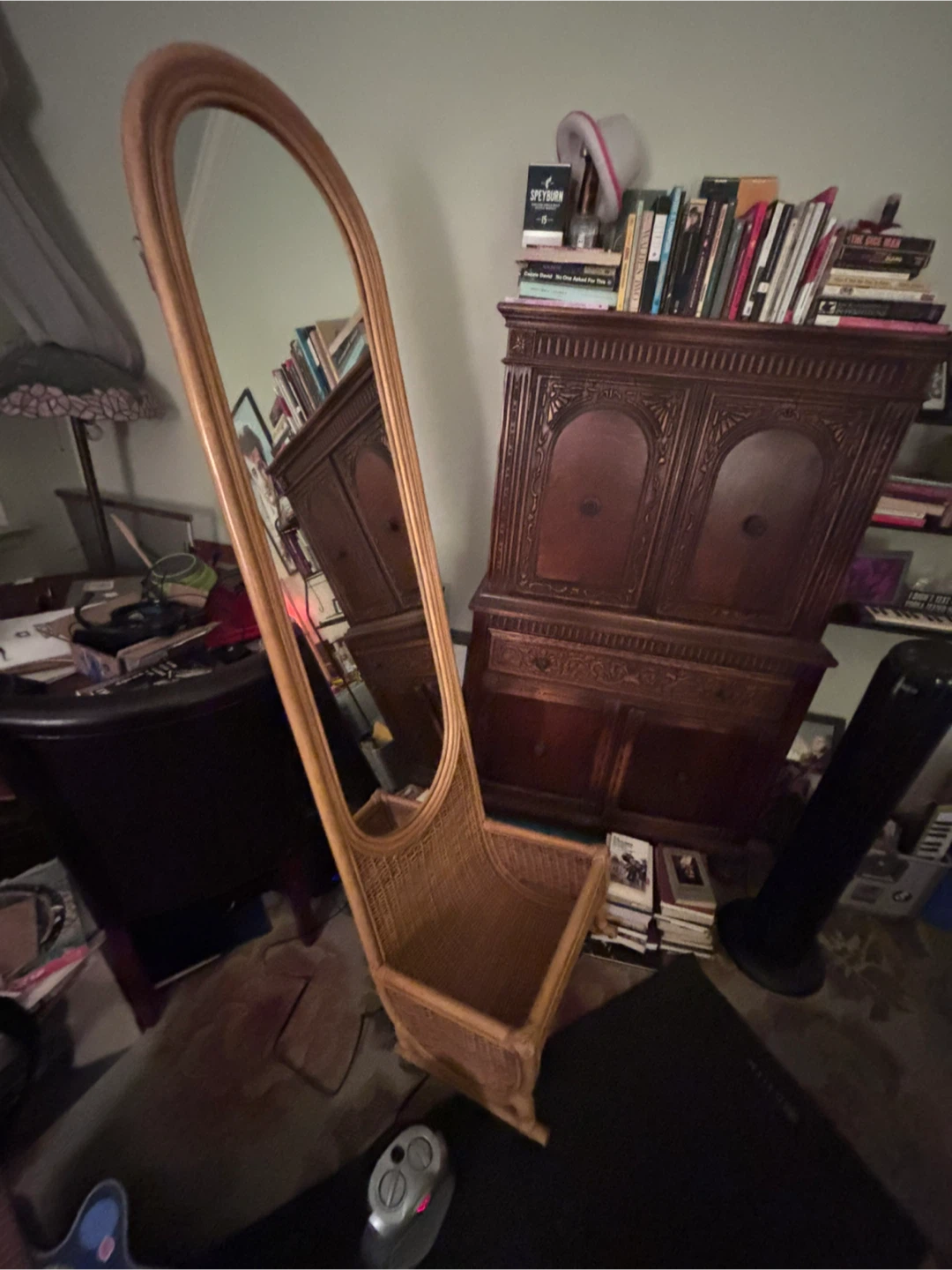 Vintage Wicker Rattan Mirror with Storage Basket - photo 5