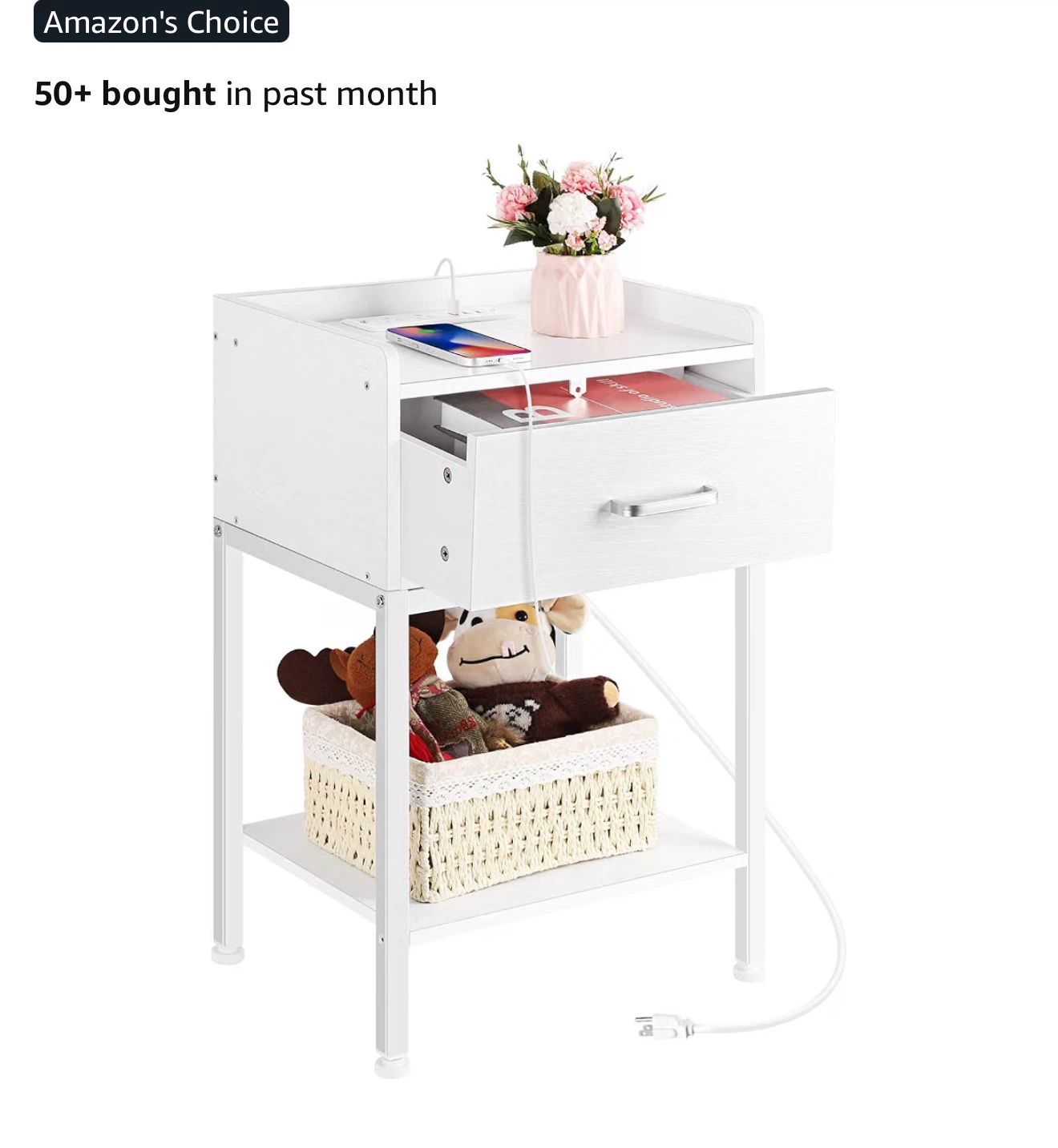 White Nightstand with Built-in Charging Station