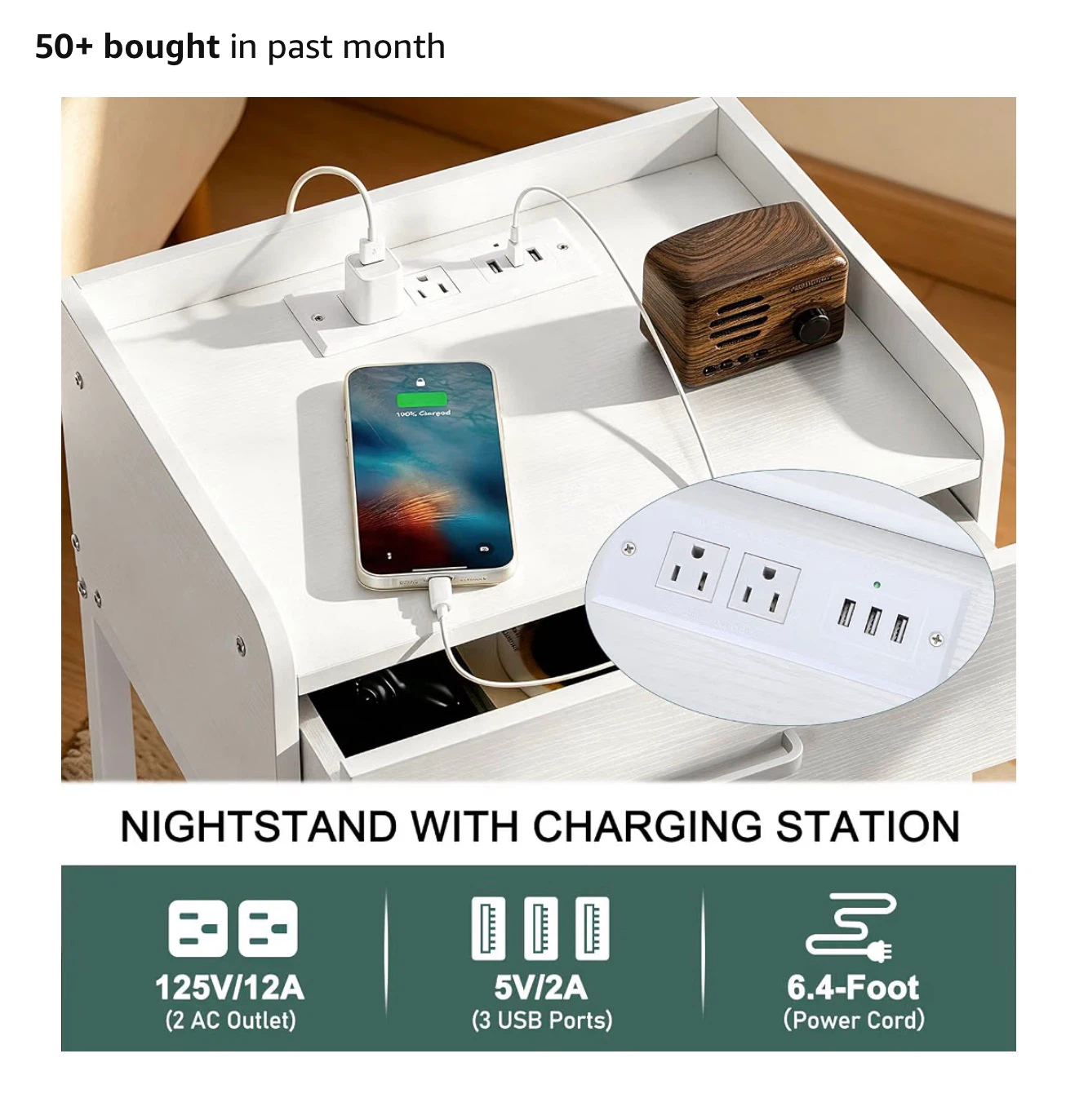 White Nightstand with Built-in Charging Station - photo 3
