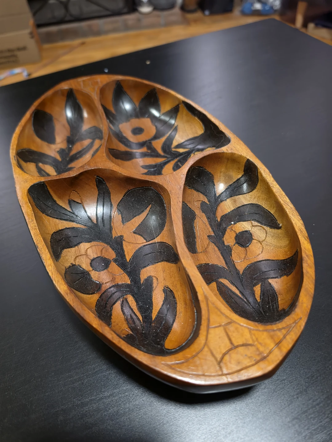 Hand-Carved Wooden Divided Serving Tray / Catchall