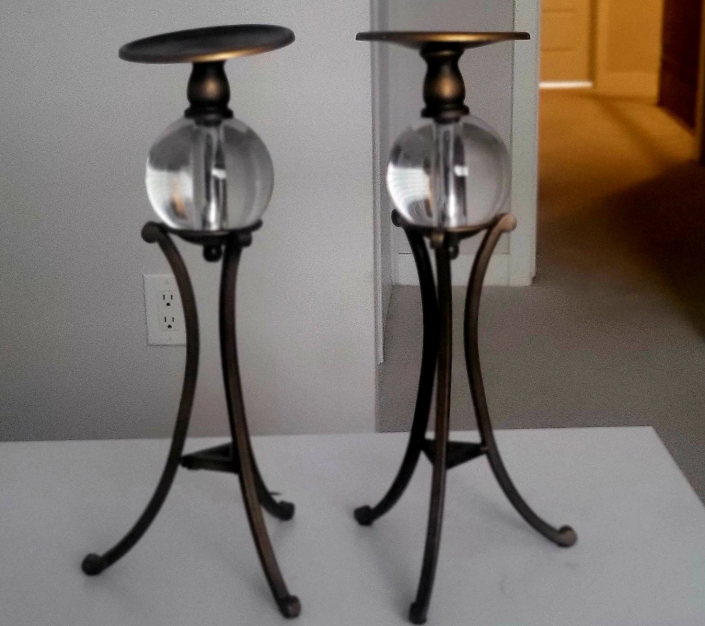 Set of 2 Bronze Metal & Glass Sphere Pillar Candle Holders - 14" - photo 3