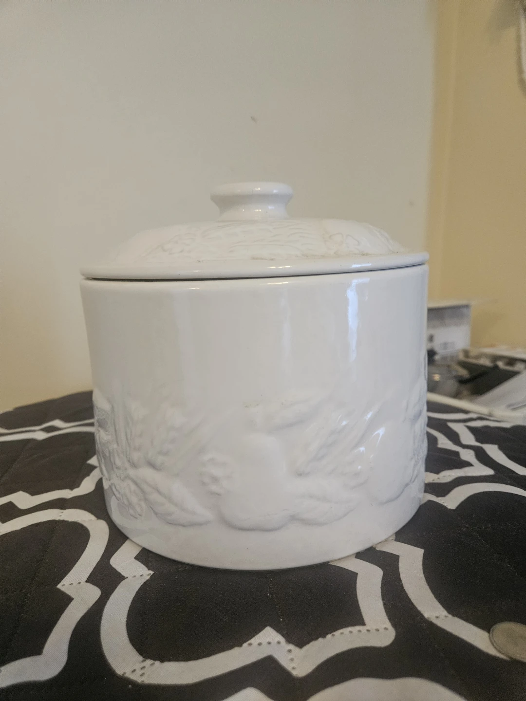 White Ceramic Canister with Embossed Fruit Design