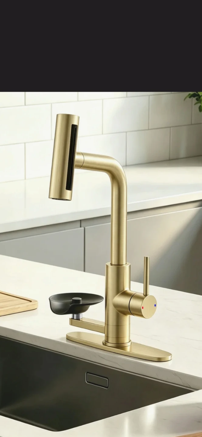 Brushed Gold Kitchen Pull-Out Faucet with Glass Rinser