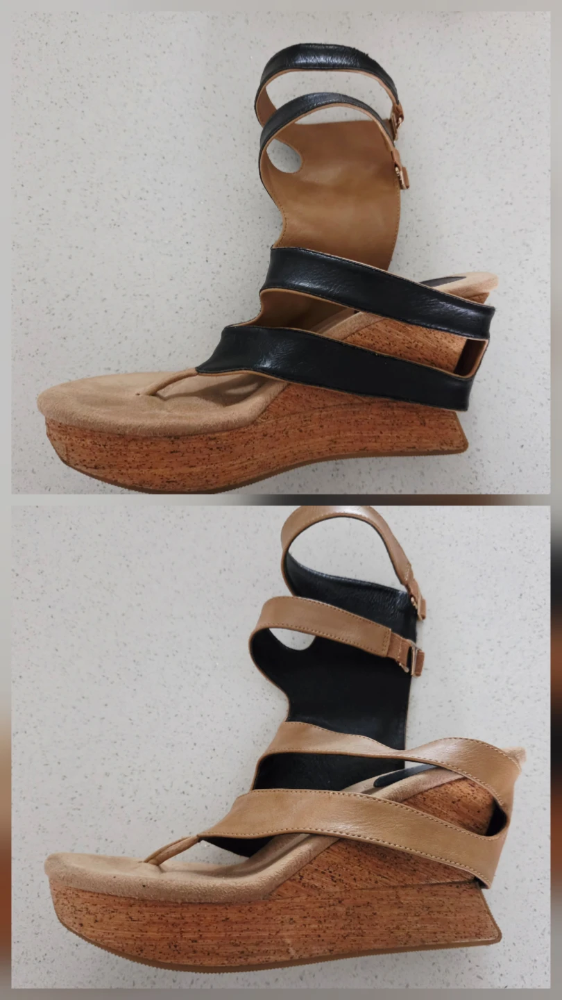 Tan and Black Wedge Sandals