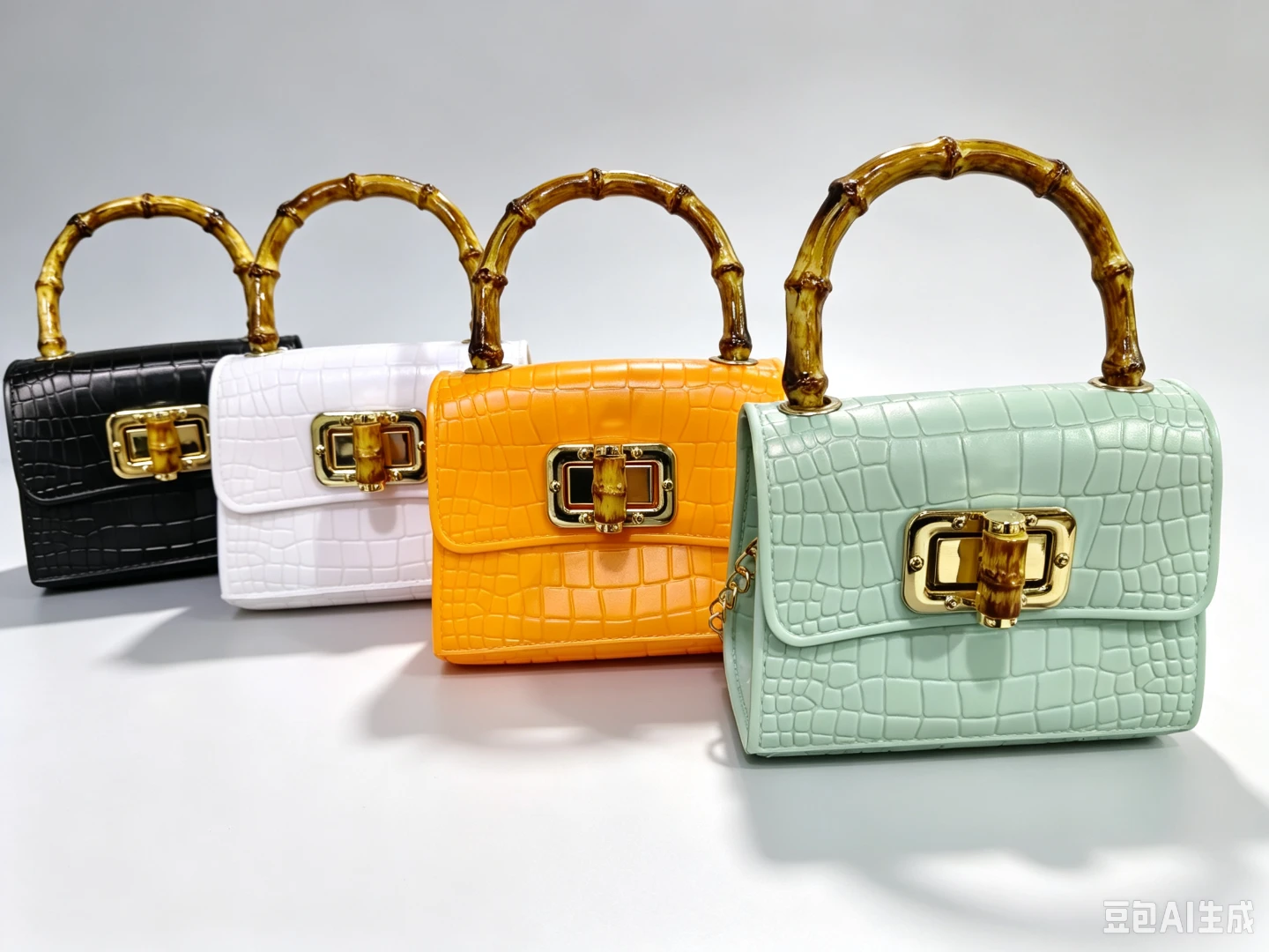 Crocodile Pattern Bamboo Handle Handbag