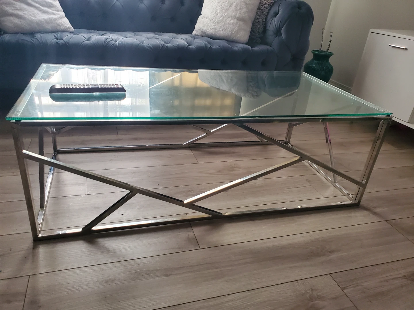 Blue Velvet Chesterfield Sofa Set and glass table - photo 5