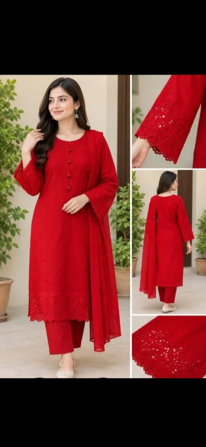 Red Embroidered Cotton Kurta Set - photo 2