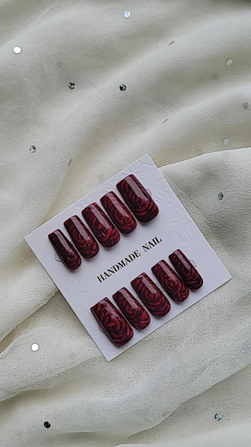 Handmade Press-on Nails with Dark Rose Pattern