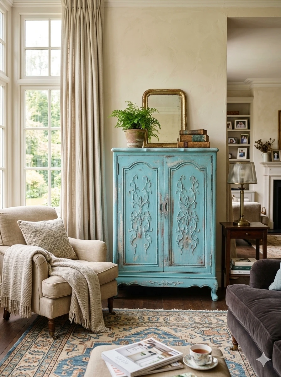 Distressed Light Blue Accent Cabinet
