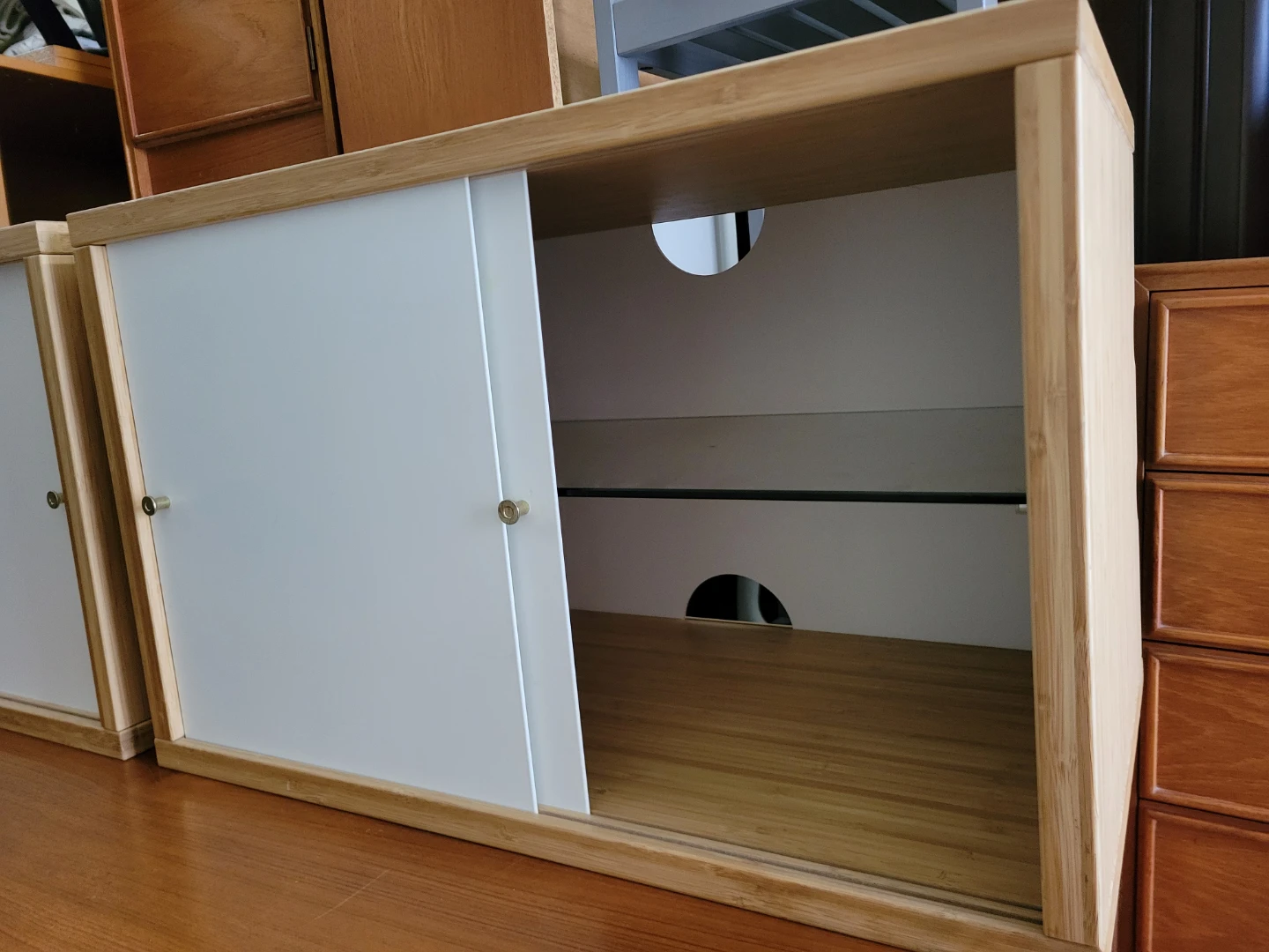 Beautiful Pair of IKEA Bamboo & White Sliding Door Cabinets - photo 5