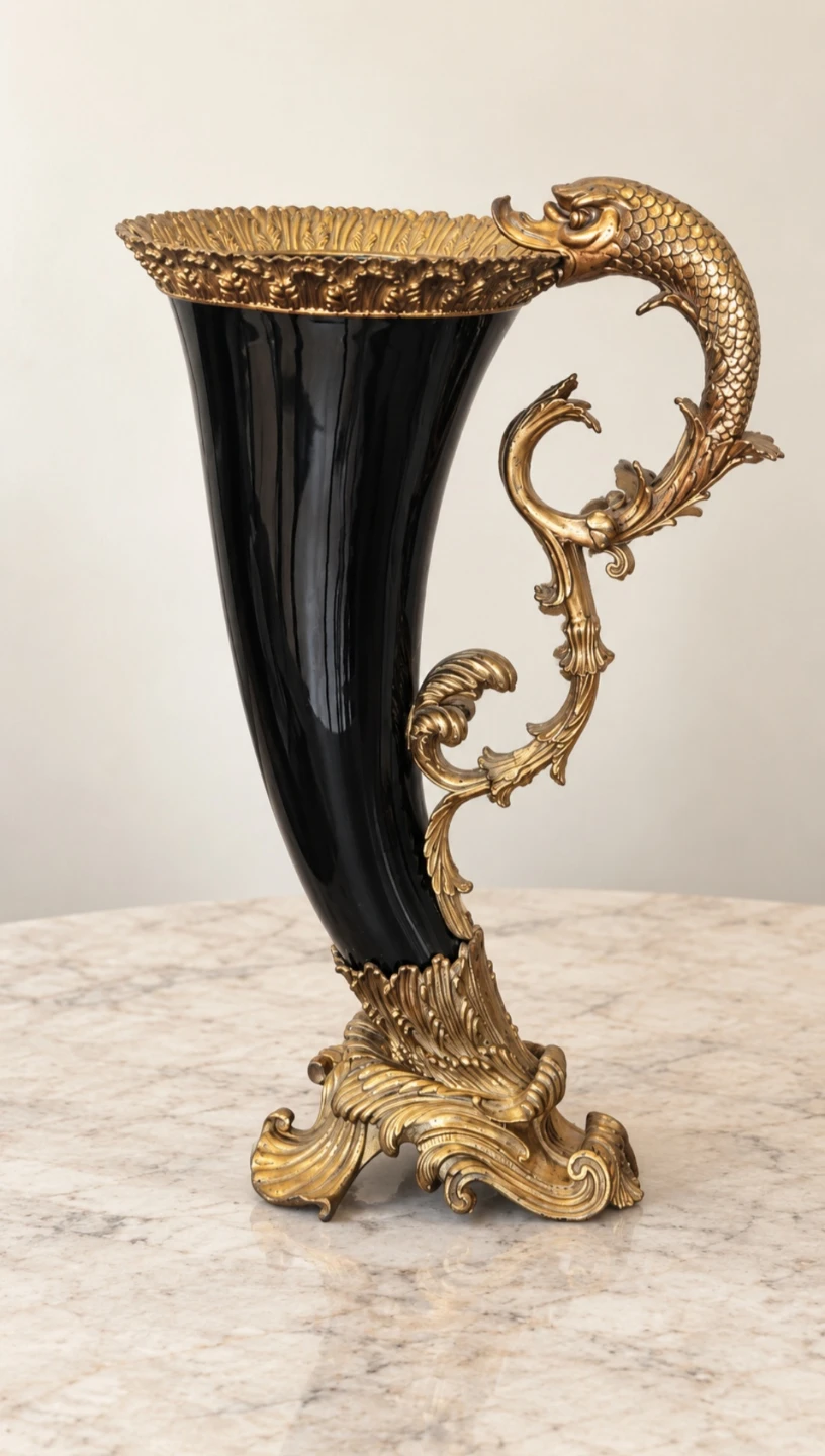 Black and Gilt Metal Cornucopia Vase