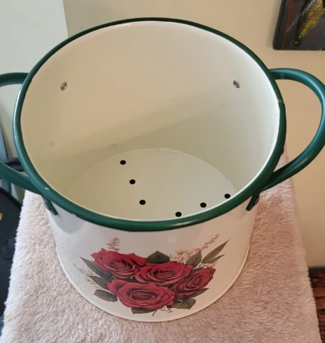 Vintage Style Enamel Floral Planter with Drainage Holes
