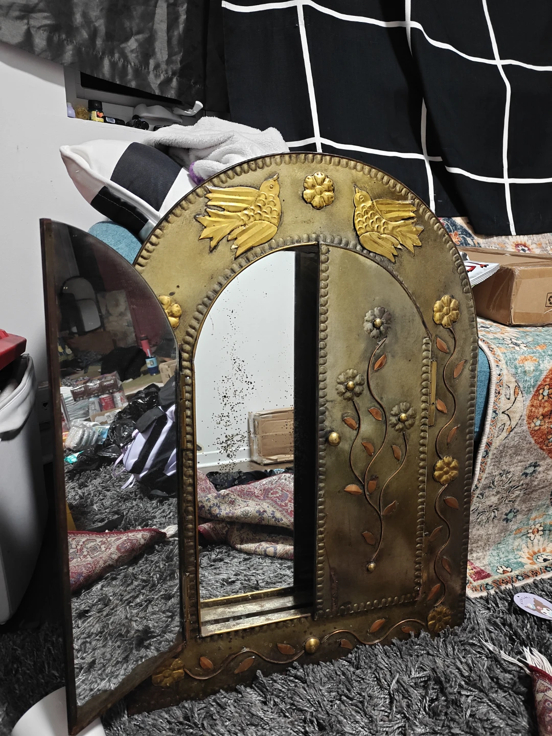 Vintage Brass Floral Wall Mirror with Opening Doors - photo 2