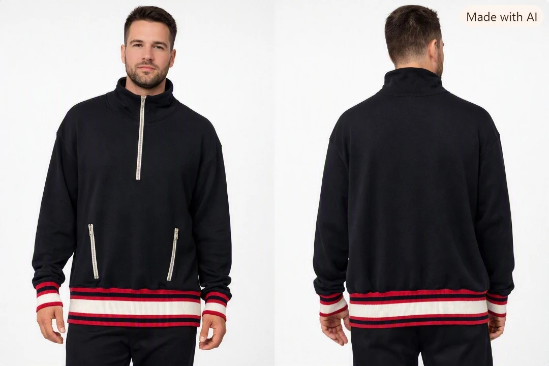 Black Quarter Zip Sweatshirt with Striped Cuffs
