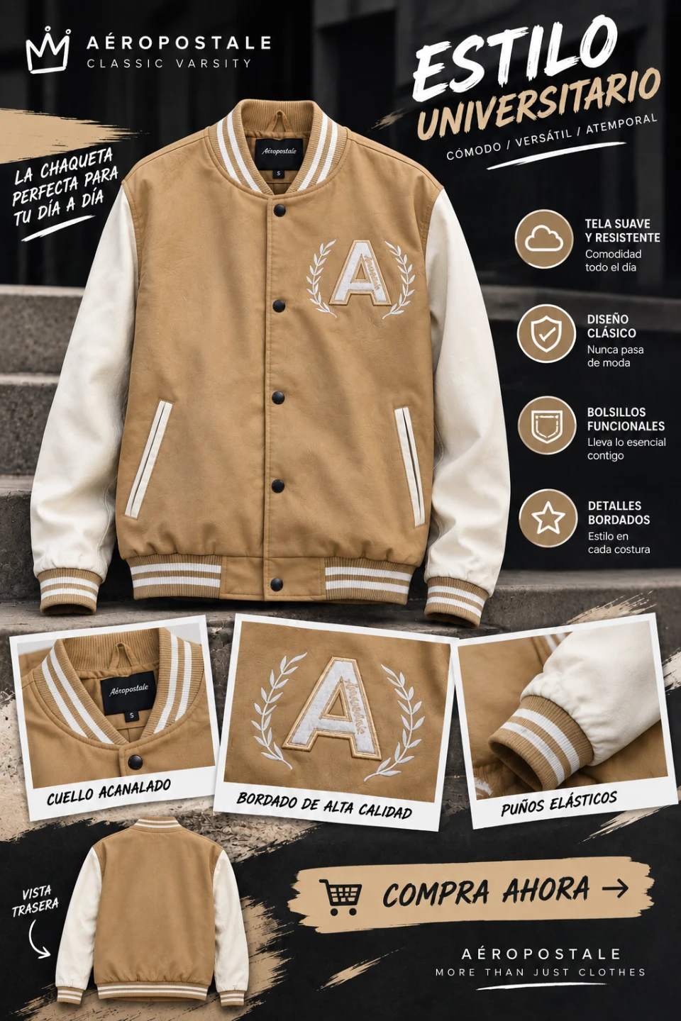 Aeropostale Classic Varsity Jacket Tan