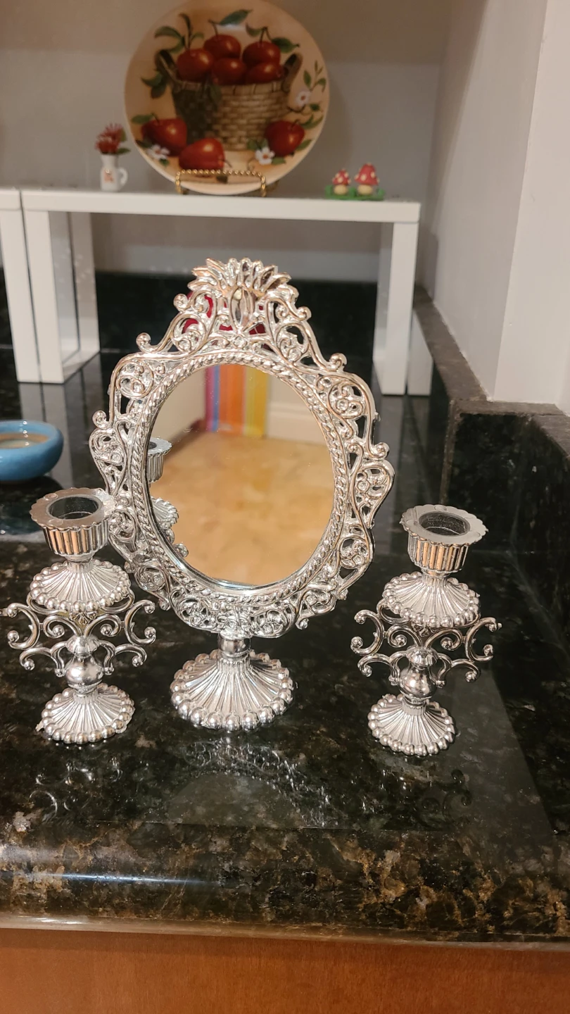 Vintage Style Silver Table Mirror and Candle Holders + fish bowl - photo 2