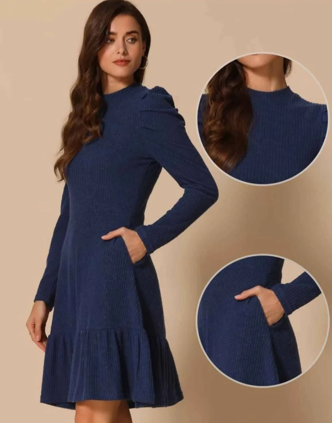Allegra K Navy Blue Ribbed Puff Sleevve Dress 🏈 - photo 2