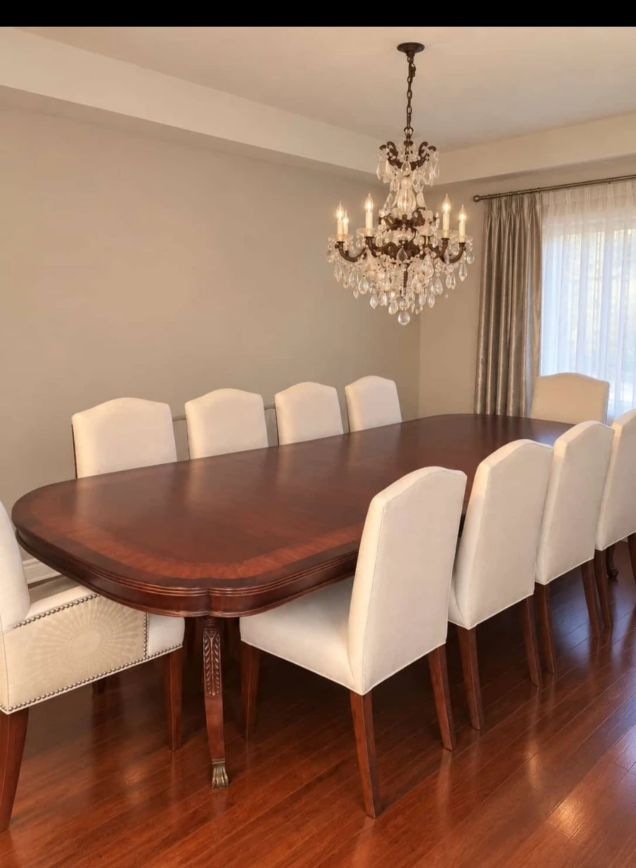 Large Wooden Dining Table with 10 Upholstered Chairs
