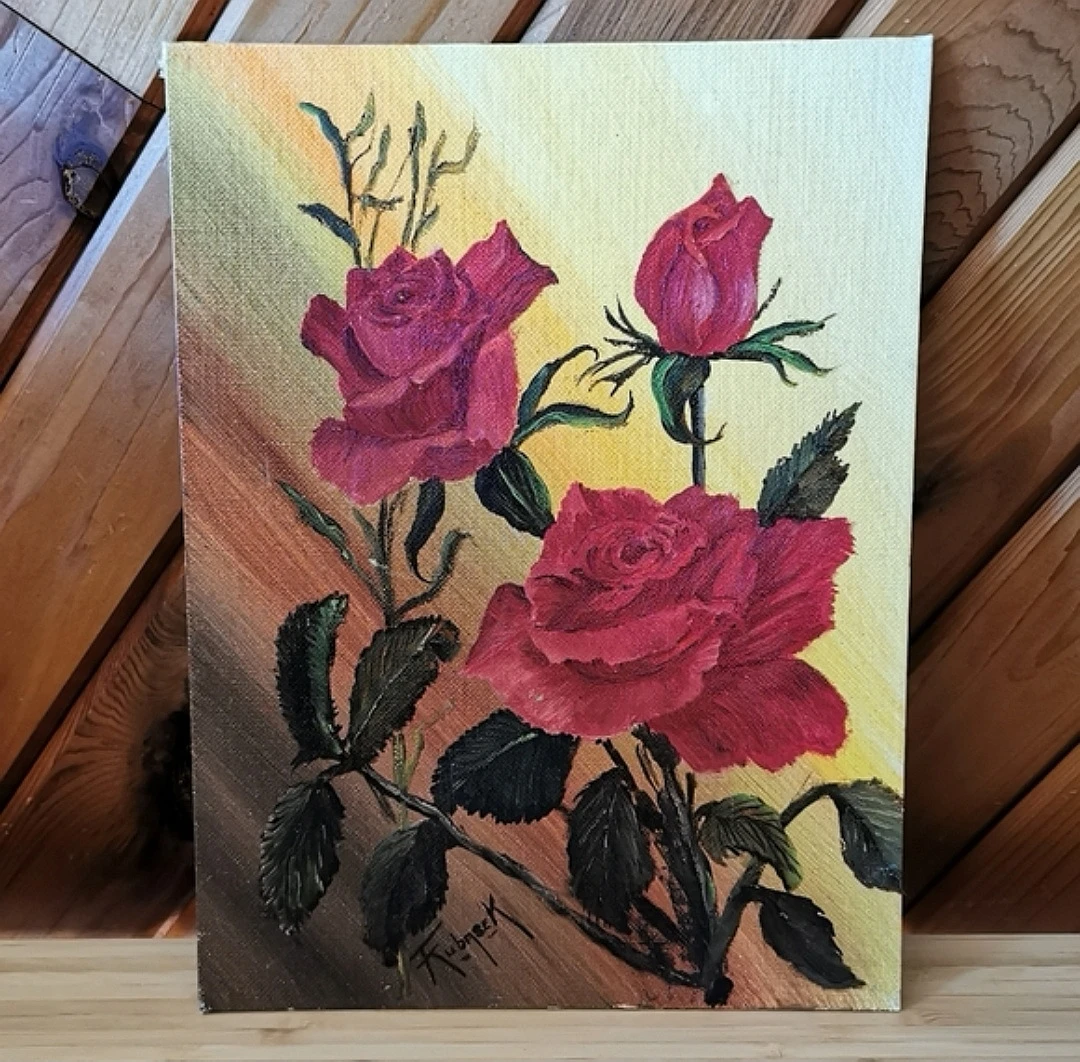 Vintage Signed Oil Painting – Red Roses