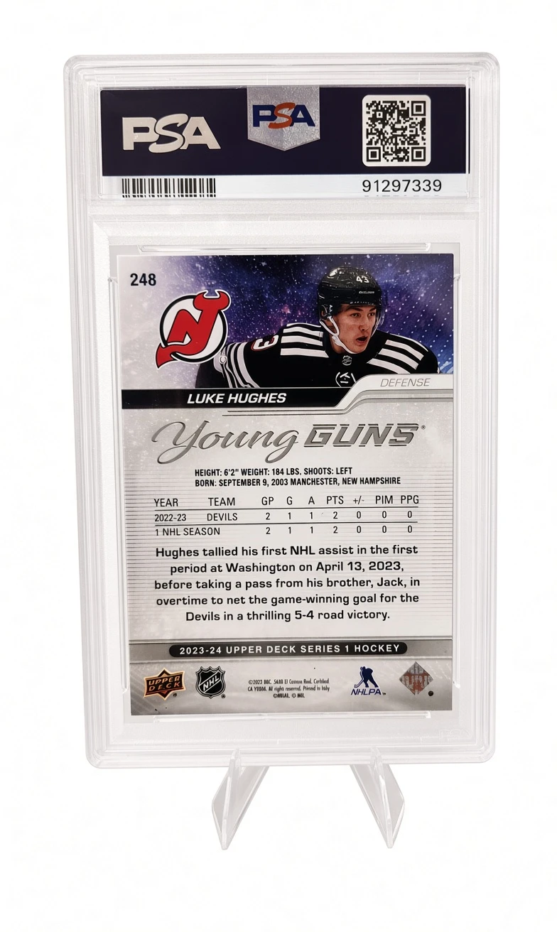 2023 Upper Deck Luke Hughes Young Guns RC PSA 9 Mint Hockey Card - photo 2
