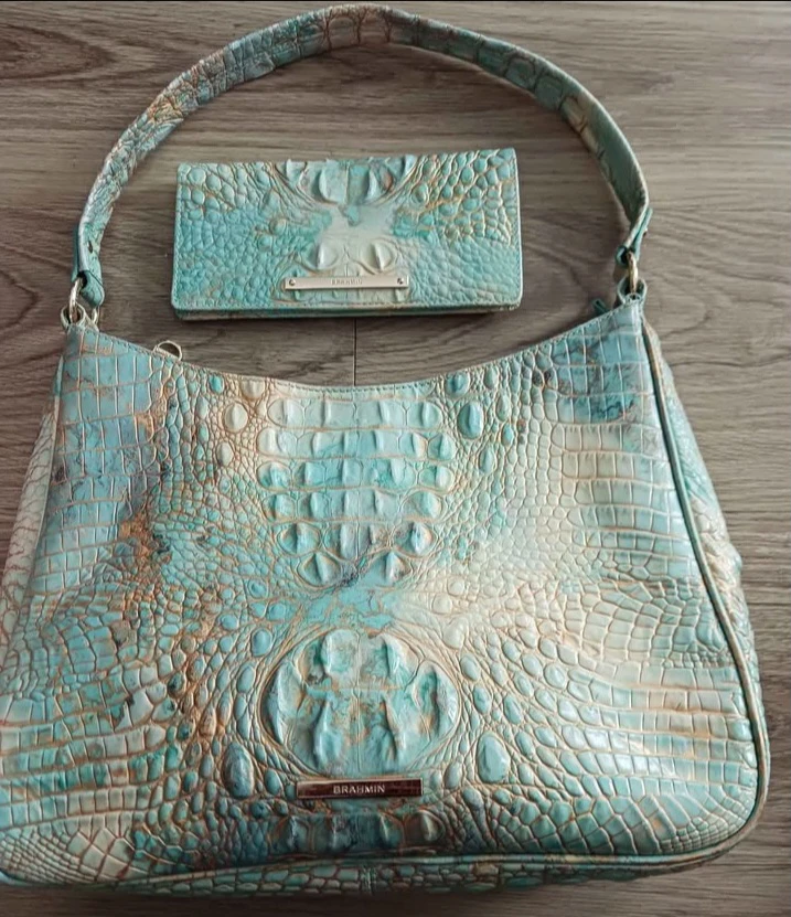 Brahmin Turquoise Croc-Embossed Bag and Wallet Set