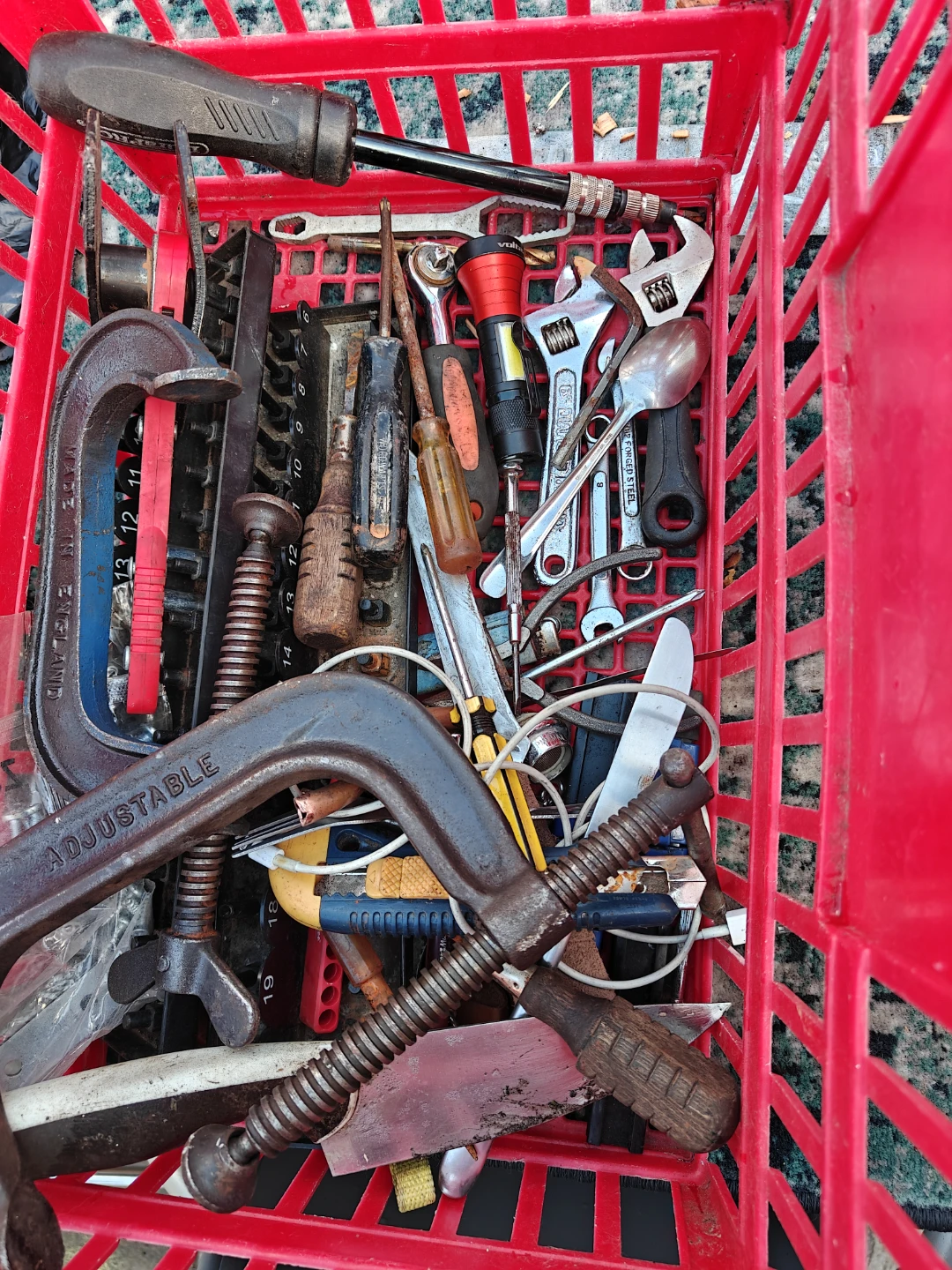 Assorted Hand Tools and Red Plastic Crate