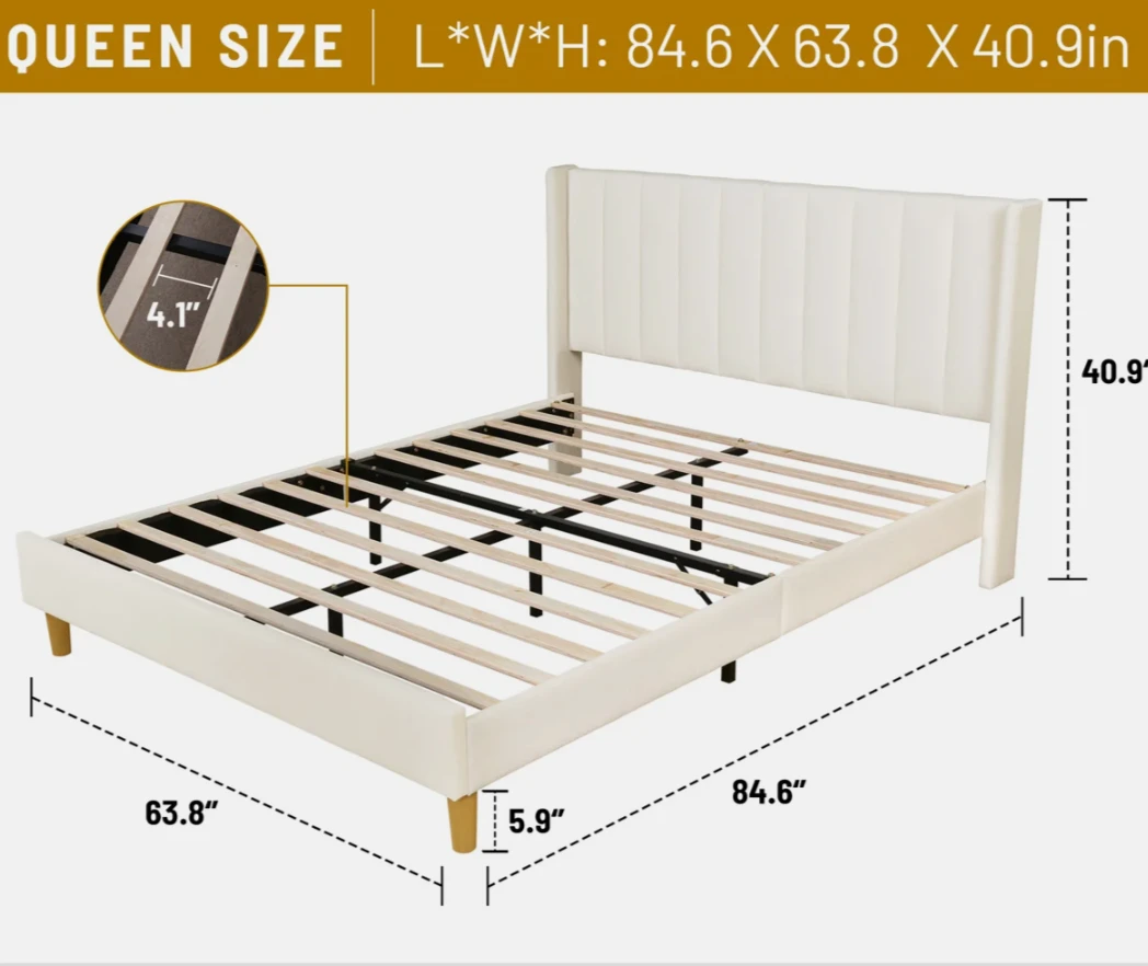 Queen Size Upholstered Bed Frame with head board and mattresses. - photo 2