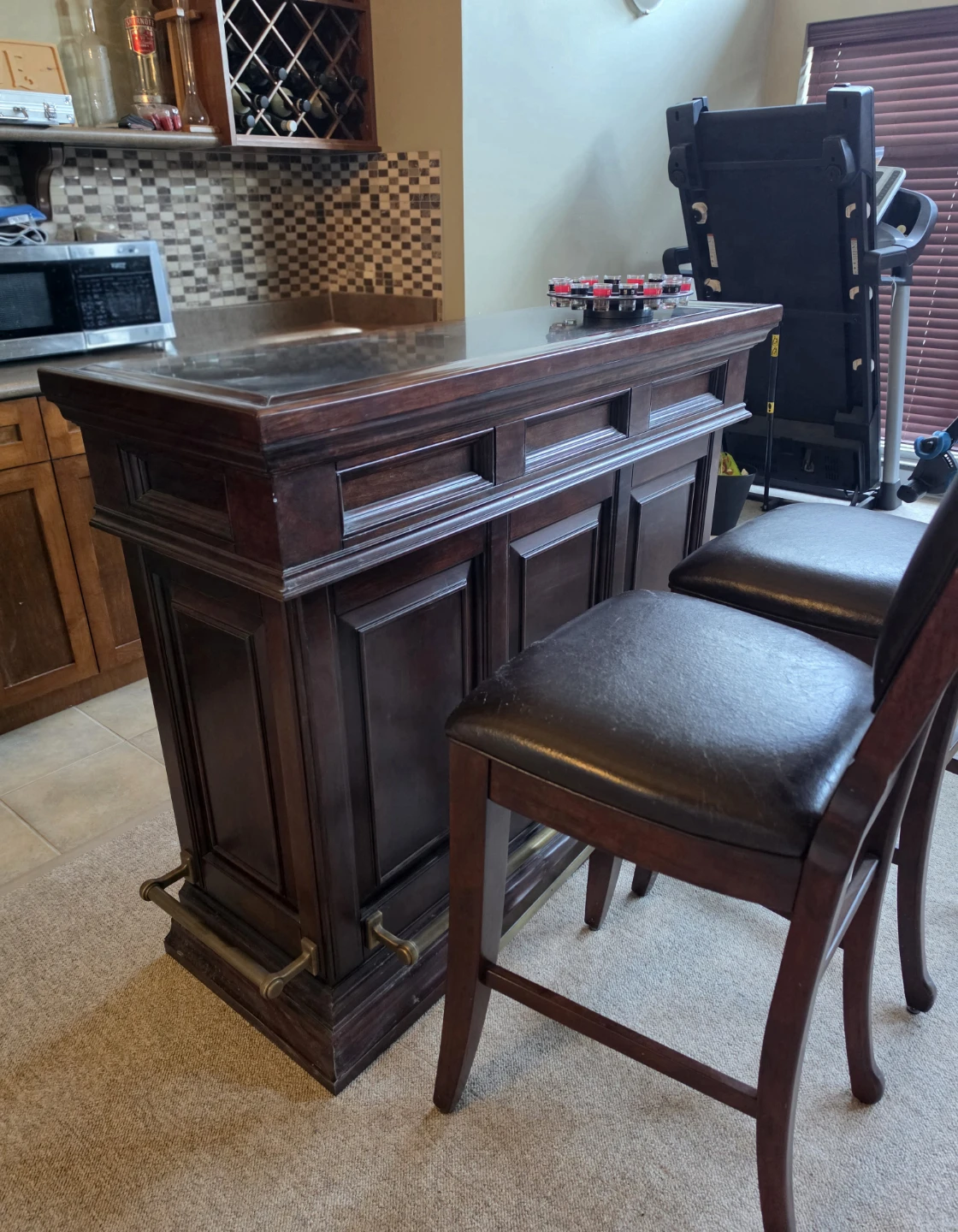 Dark Wood Home Bar with 2 Bar Stools
