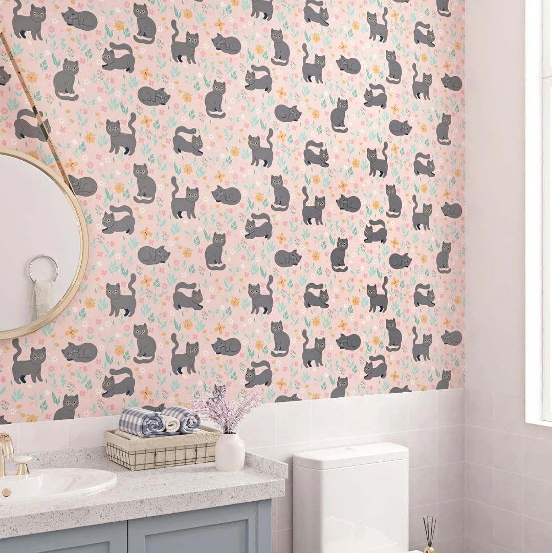 WESTICK Pink Cute Cat Self Adhesive Boho Floral Contact Paper - photo 2