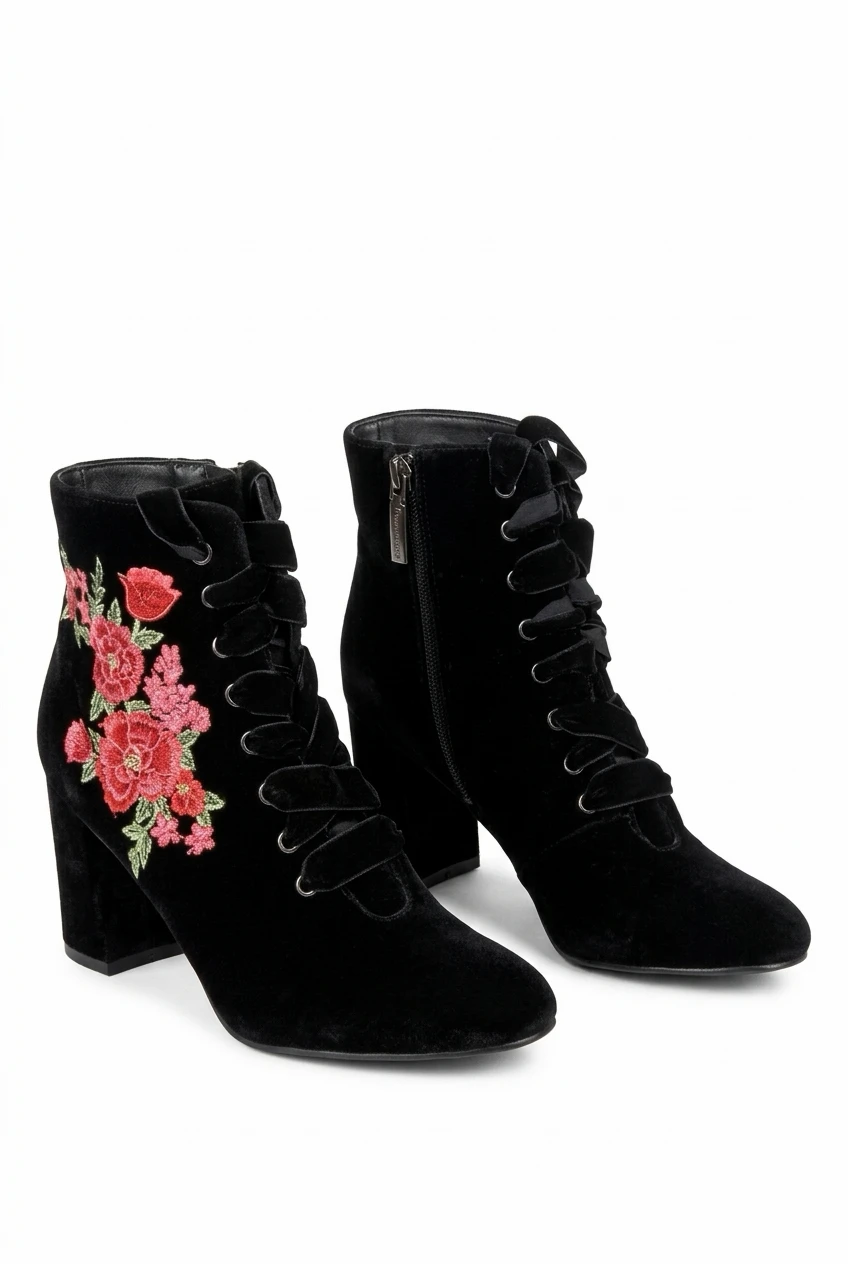 Isaac Mizrahi Floral Velvet Ankle Boots Size 7M