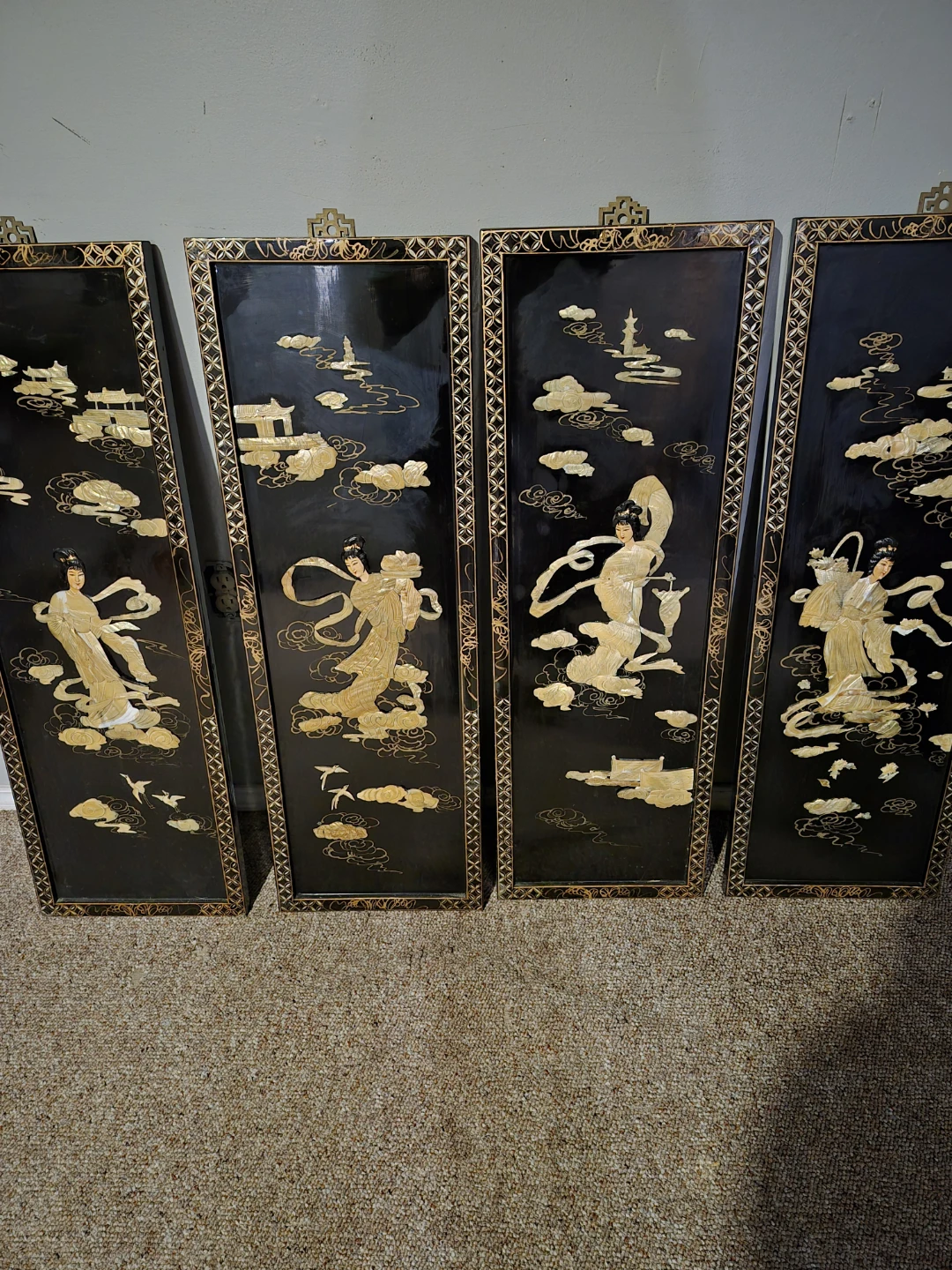Set of 4 Vintage Asian Lacquer Wall Panels