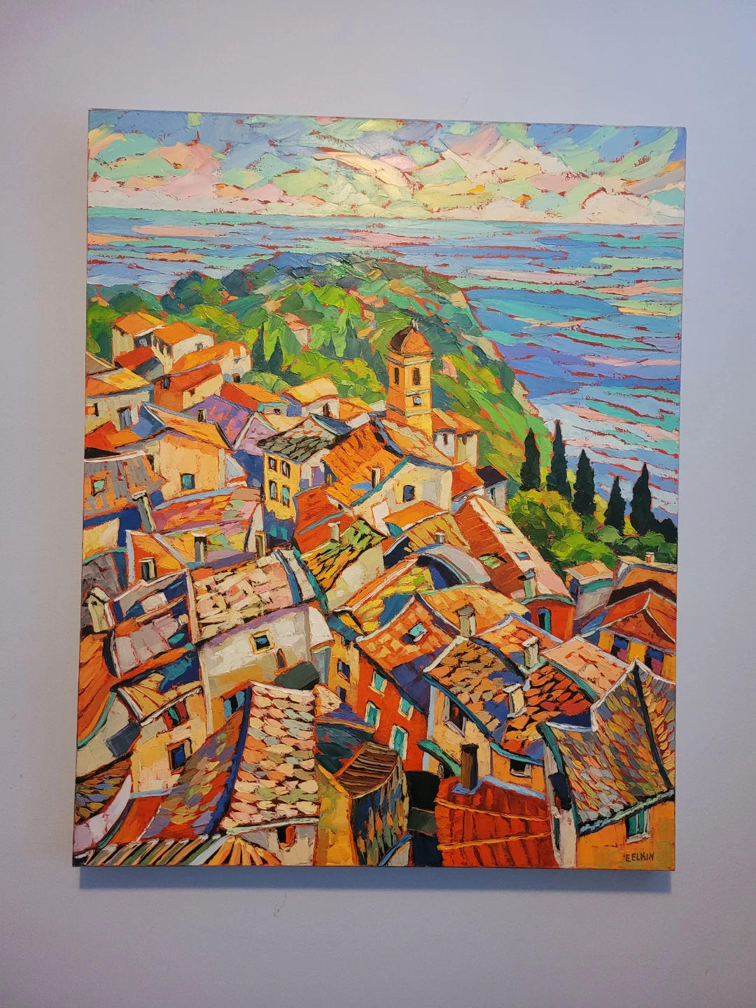 Canadian Artist E. Elkin Original Oil Painting Euro Rooftop