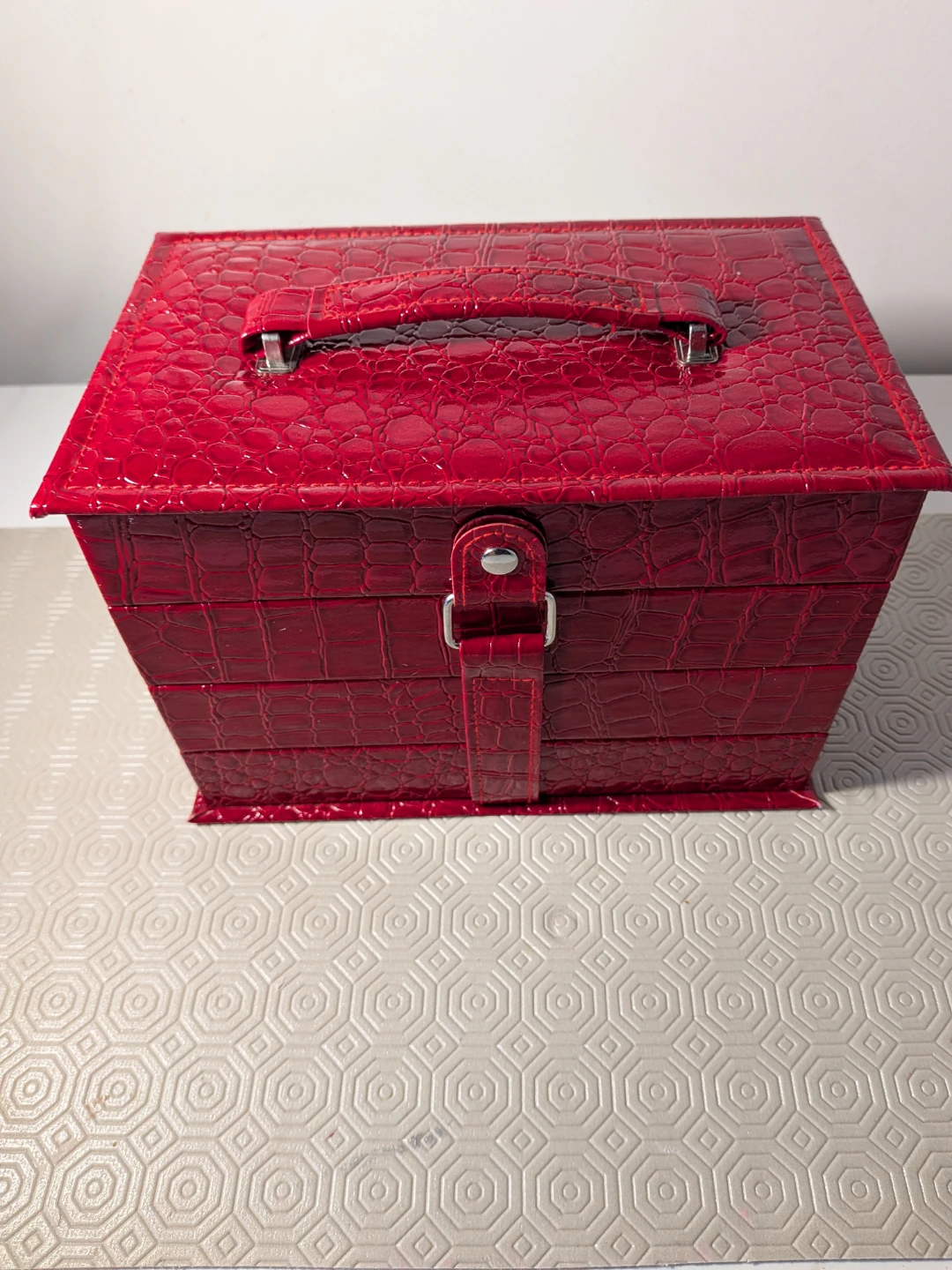 Red Faux Crocodile Cosmetic Train Case
