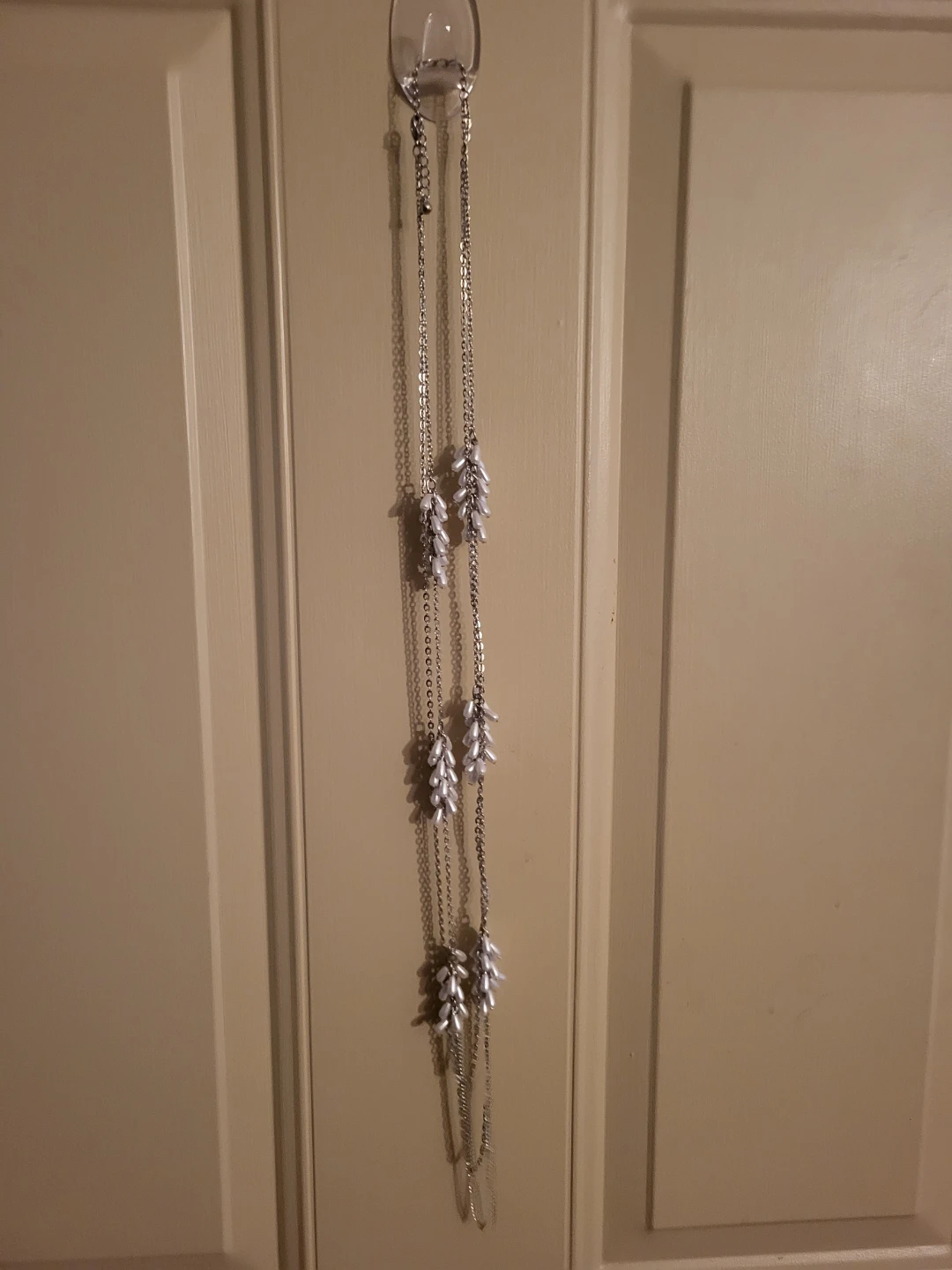Long Silver Chain Necklace with Faux Pearl Clusters