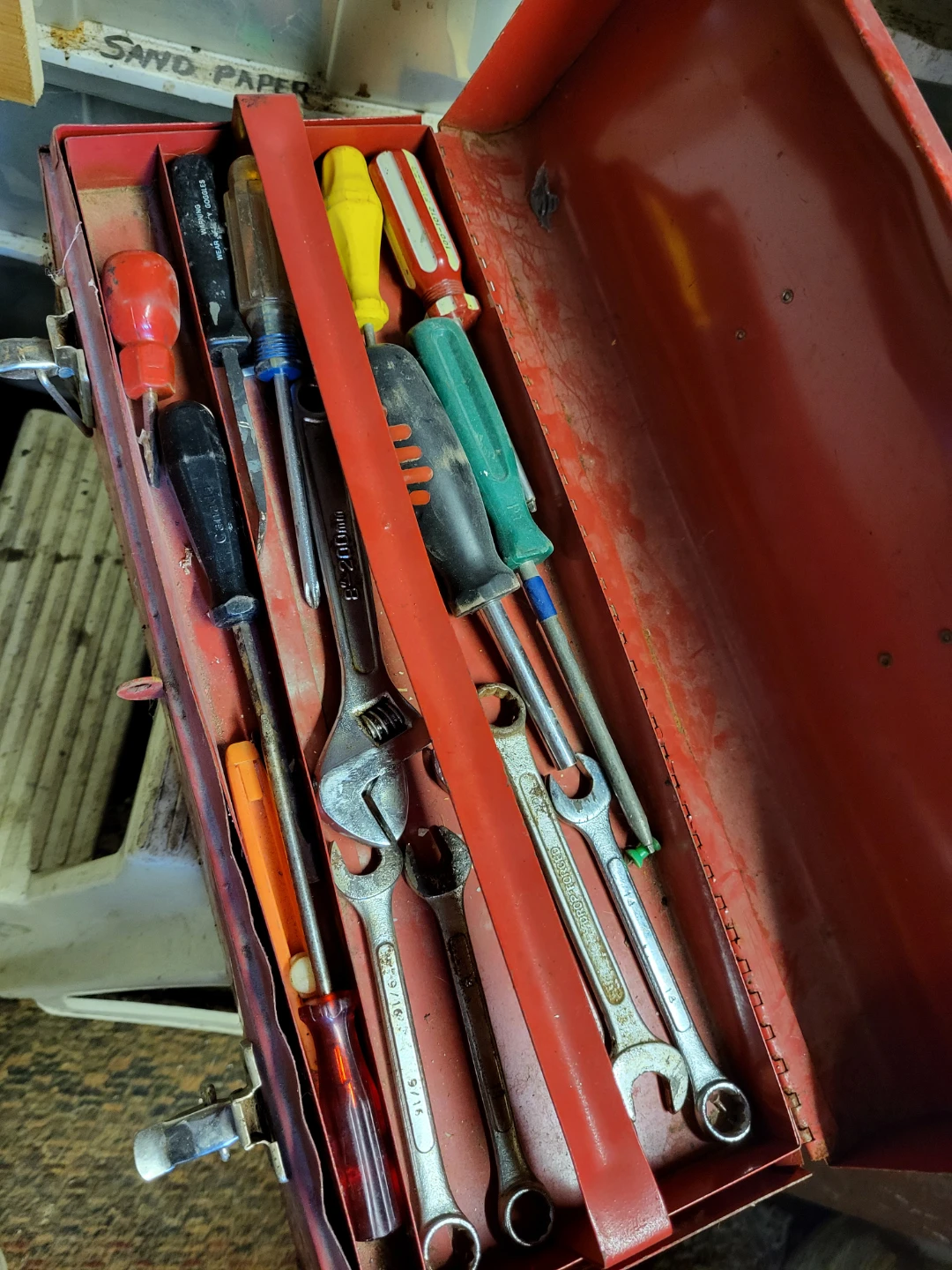 Vintage Metal Toolbox with Assorted Hand Tools
