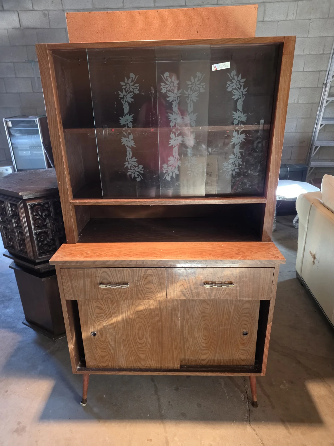 Vintage Mid-Century Wood Hutch with Etched Glass Doors