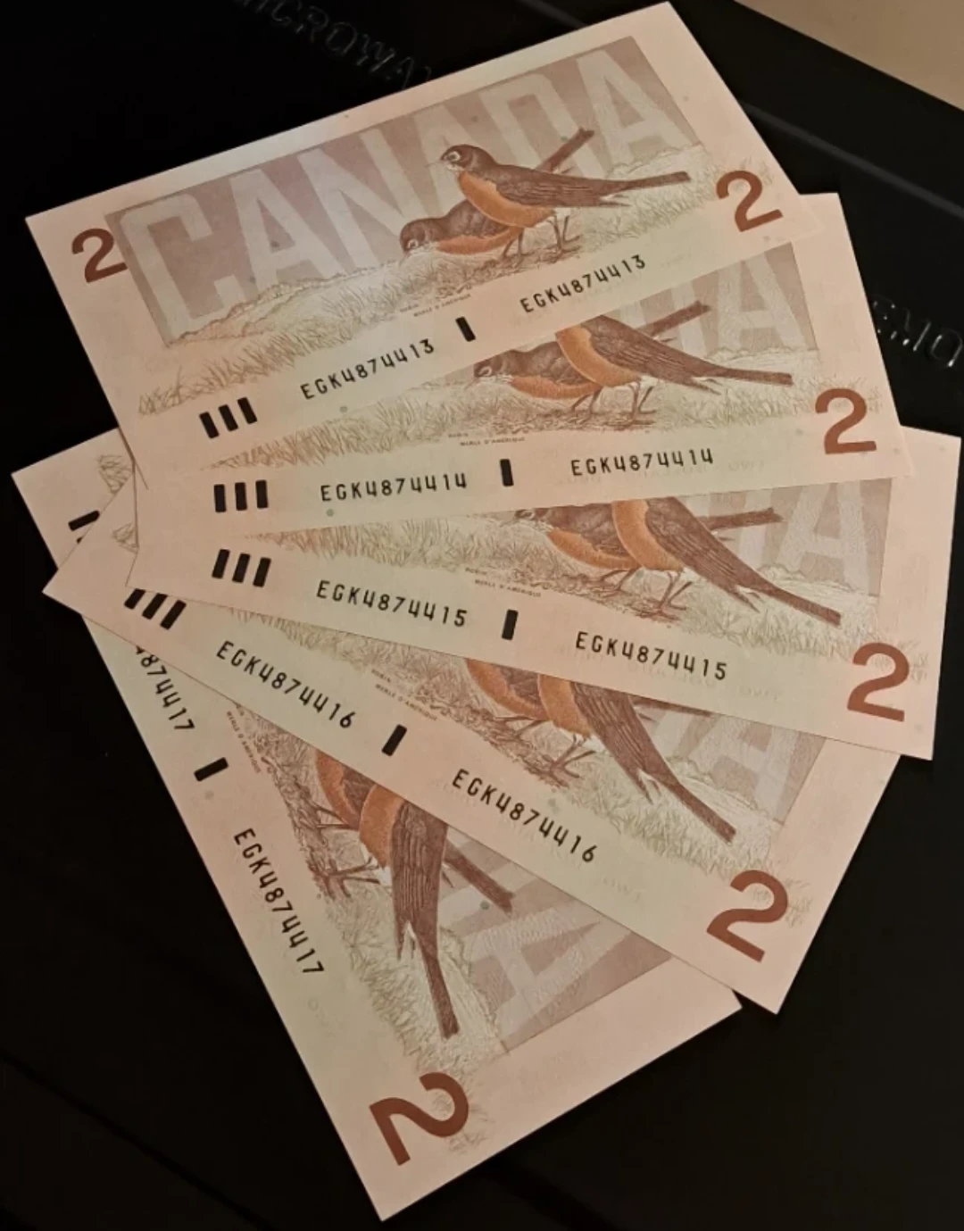 5 Consecutive, 1986 Canadian Two-Dollar, Bird Series Banknotes - photo 2
