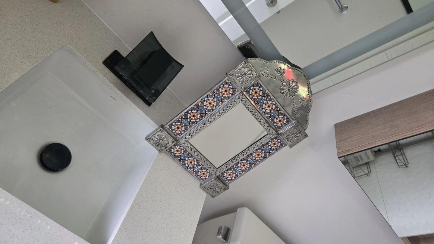 Vintage Mexican Tin Mirror with Talavera Tiles