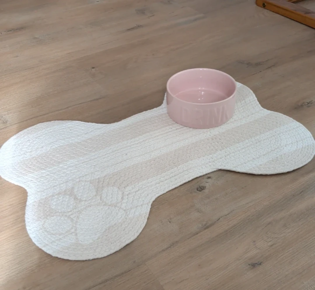 Pink Ceramic Pet Bowl and Bone-Shaped Mat