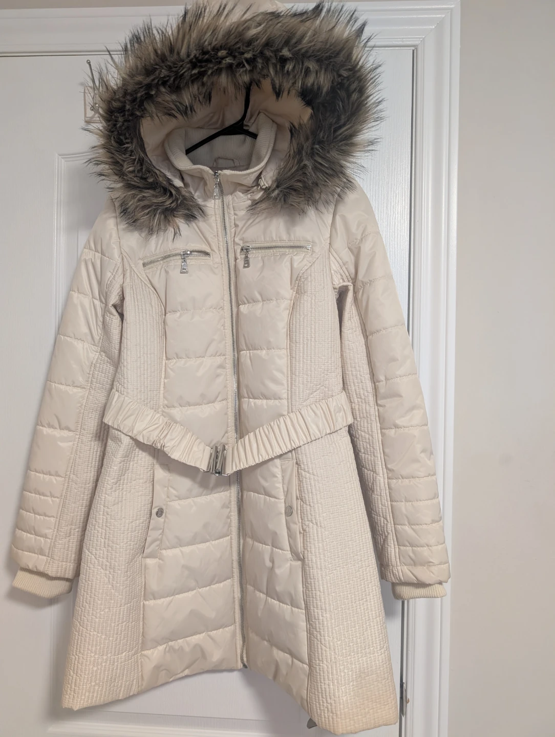 Cream Puffer Coat with Faux Fur Hood - photo 3