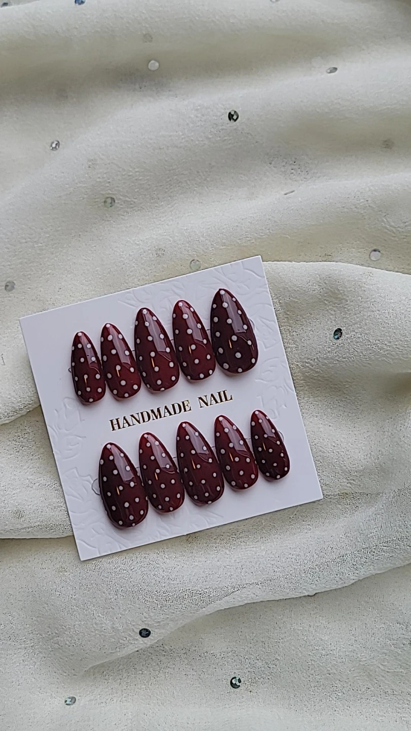 Handmade Almond Press-On Nails - Maroon Polka Dot