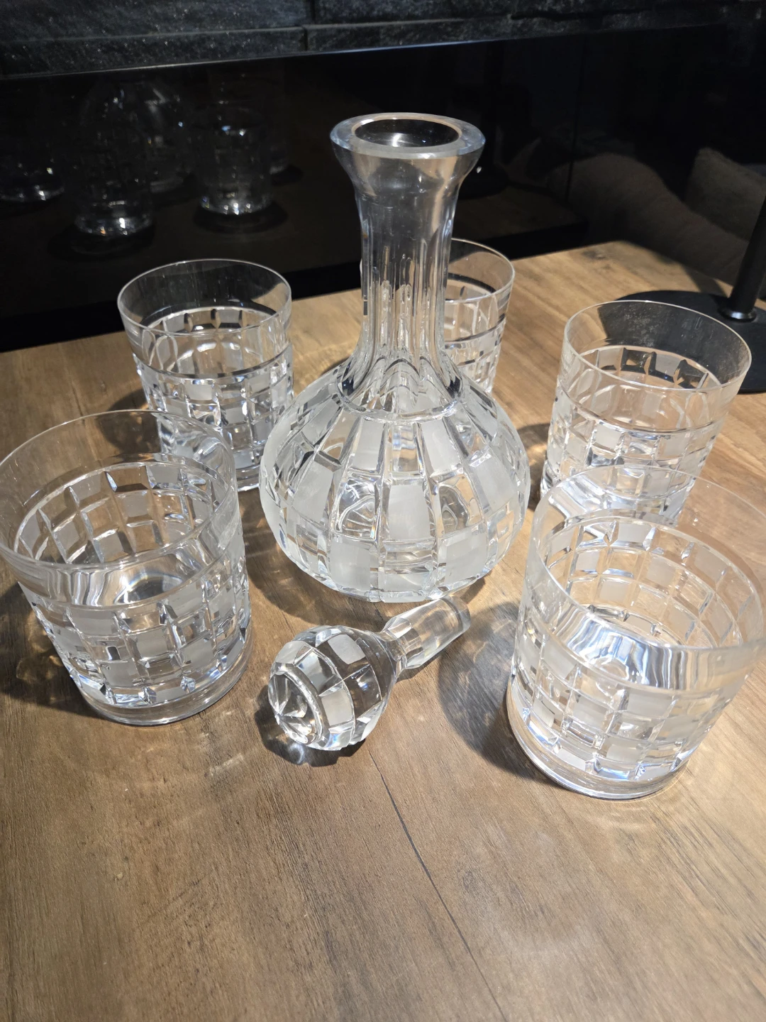Vintage Crystal Decanter + 5 Matching Rocks Glasses