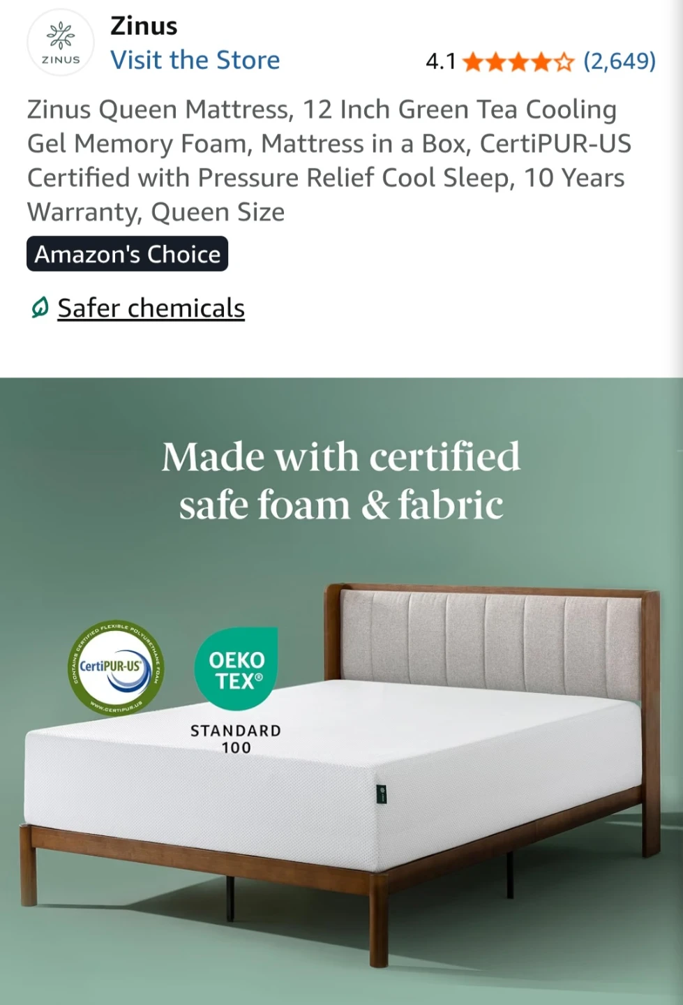 Zinus Queen Size 12 Inch Green Tea Memory Foam Mattress - photo 2