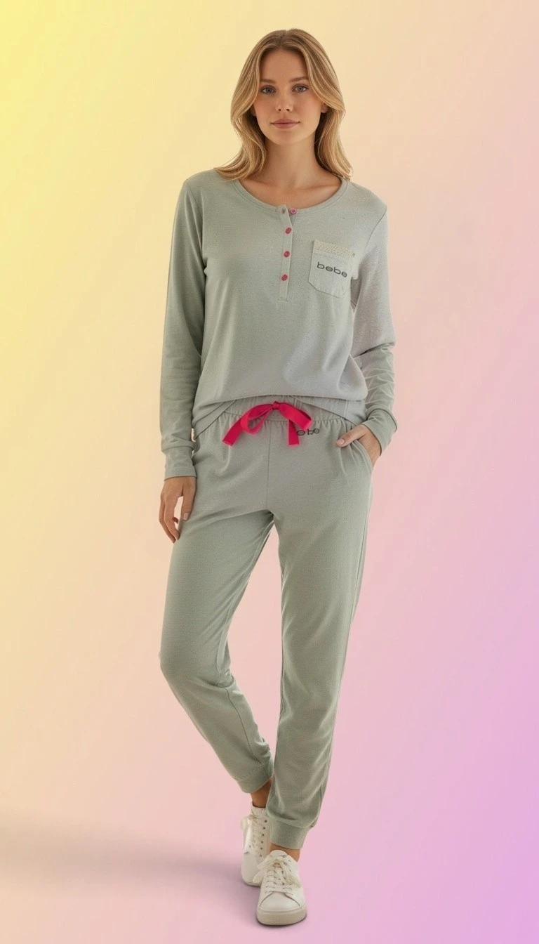 Bebe Henley Top, Matching Joggers w Side Lace Accent  & Pockets - photo 2
