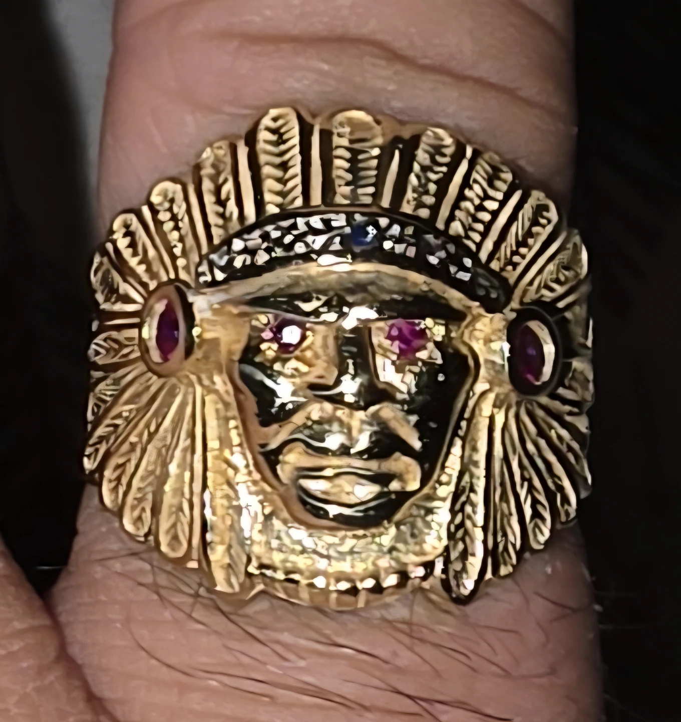 Gold Native American Chief Ring with Rubies and Diamonds