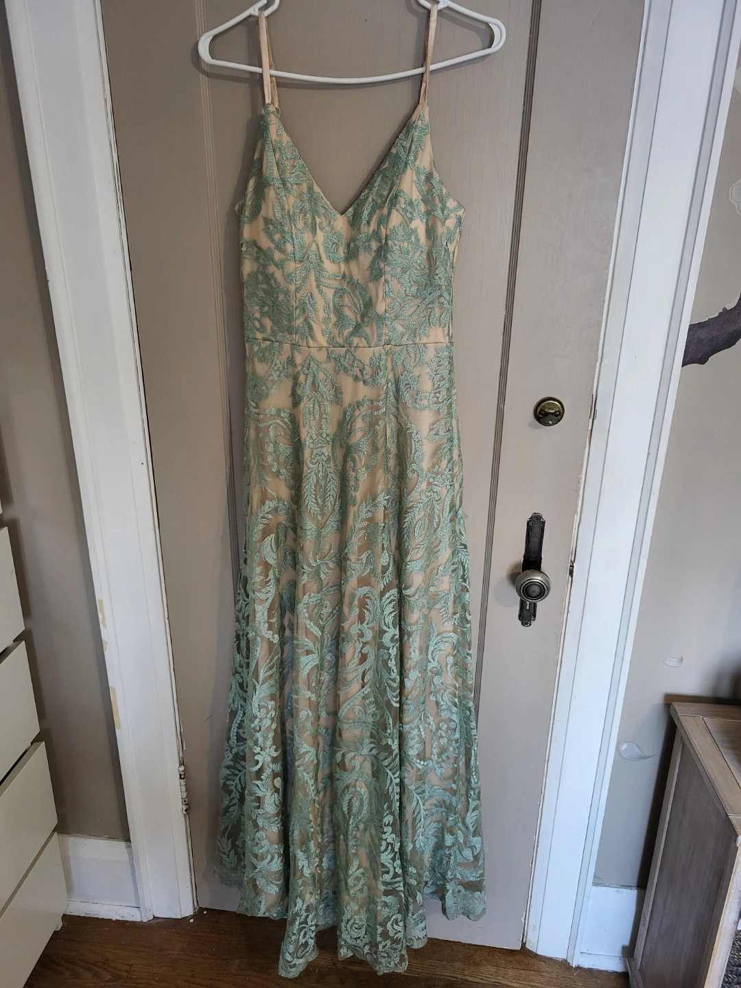 Long Mint Green Embroidered Evening Dress