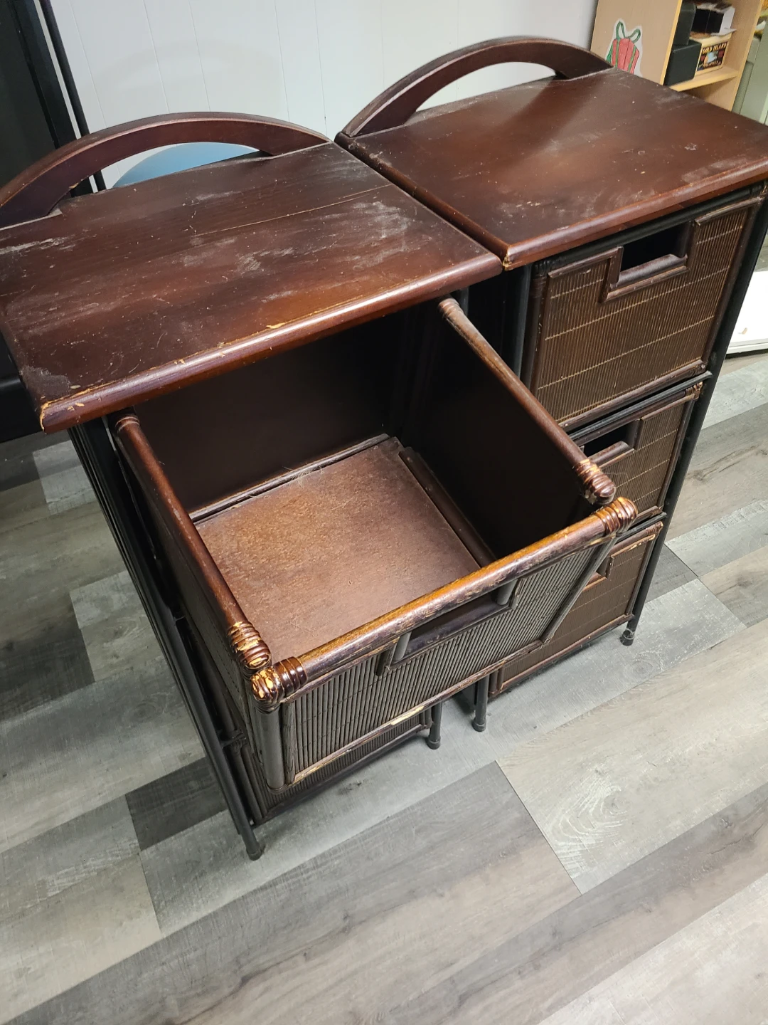 Set of Two Dark Wood and Rattan Drawer Units - photo 2
